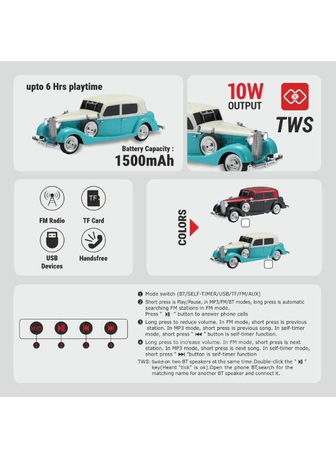 يونيكس مكبر صوت لاسلكي يونكس Vintage Pontiac 34 بتصميم سيارة | صوت عميق 10W | بلوتوث 5.4 | ستيريو TWS | دعم USB/TF/AUX/FM | مصابيح LED عتيقة | أزرق - Image 2